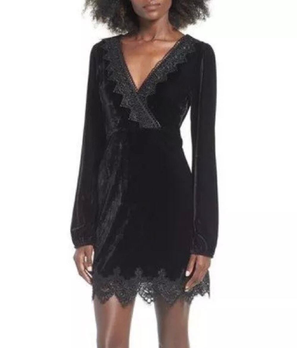 4SI3NNA Women’s Y2K Black Velvet Lace Trim V Neck Long Sleeve Mini Dress size S